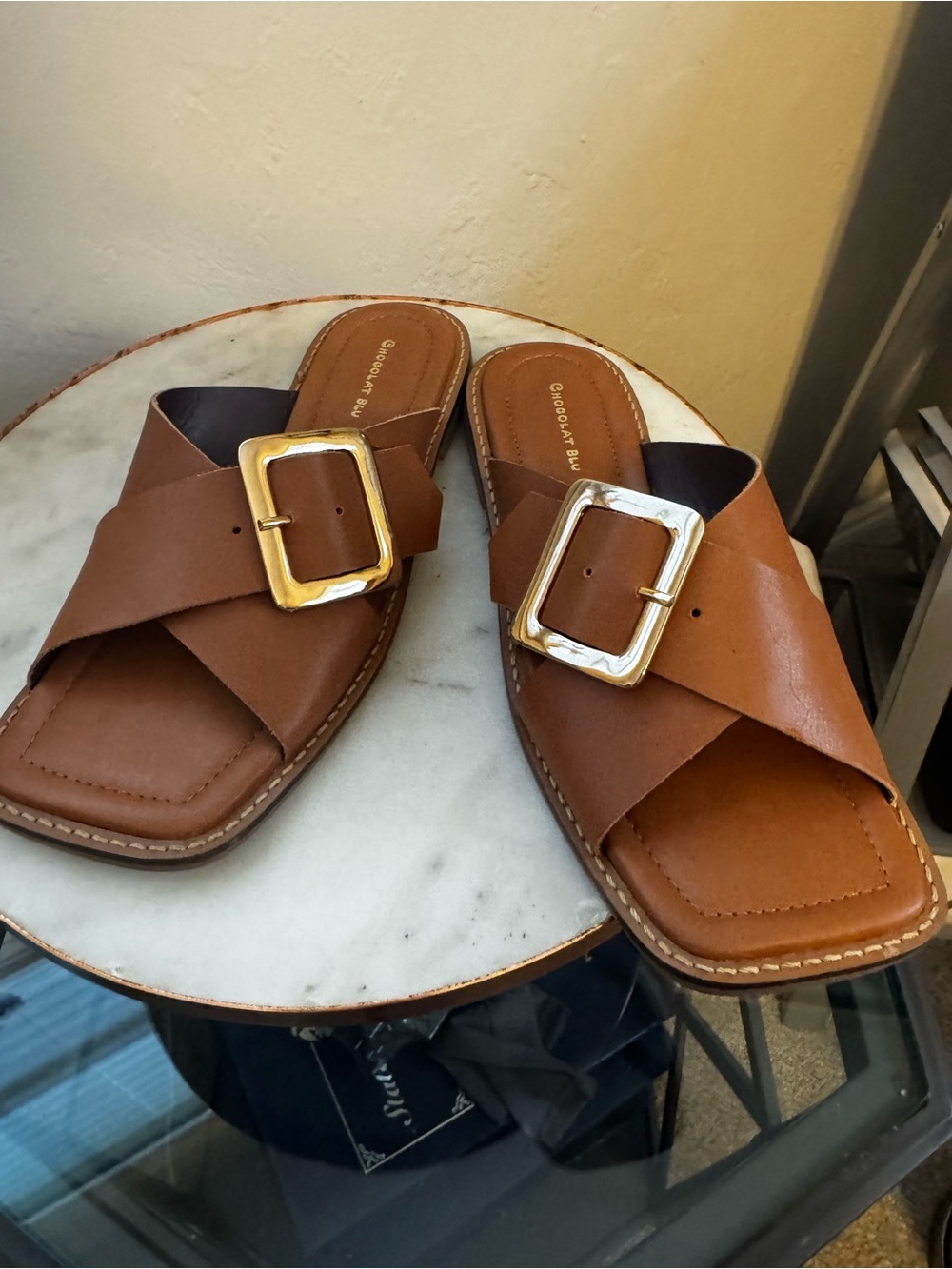 Chocolat Blu Tan Leather Slide Sandals with Gold Buckle
